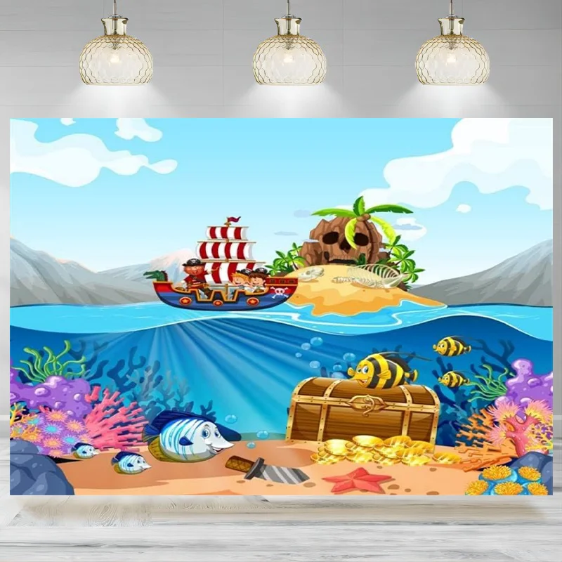 Pirate Backdrop Kids Adventure Skull Island Treasure Chest Underwater World Photography Background Nautical Baby Shower Banner