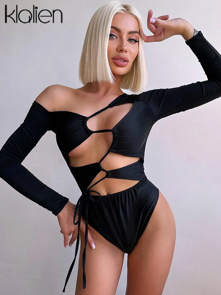 

KLALIEN Sexy Off Shoulder Hollow Out Long Sleeve Bodysuit for Women Black Skinny One Pieces Party Night Club Bodysuits Female