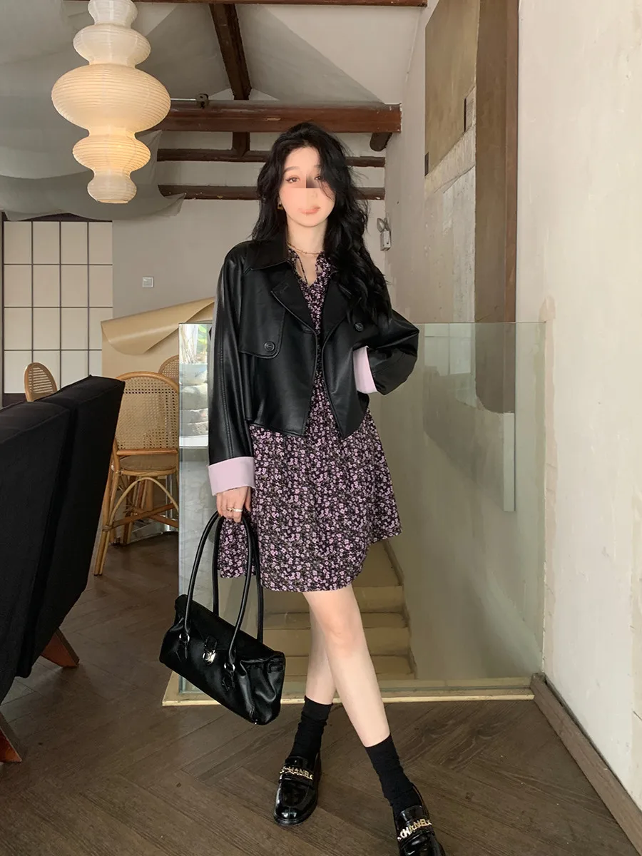 Sweet Girl Korean Short  Black Stitching Leather Coat Female Autumn 2022 Korean Fashion Loose Motorcycle Jacket Japan