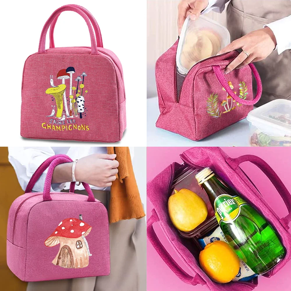 

Lunch Bag Women Outdoor Picnic Food Cooler Portable Case Kids Thermal Lunch Pouch Mushroom Print Organizer Insulated Canvas Bags