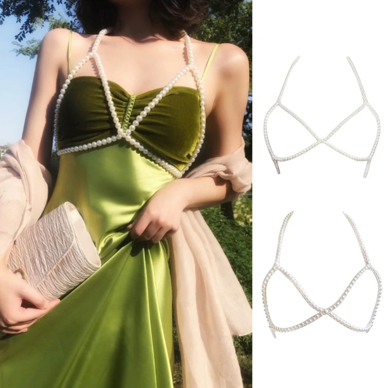 

Women Faux Pearl Body Chain Layered Bra Harness Halter V Necklace Statement Lace-Up Jewelry Chest Chain Party Clubwear