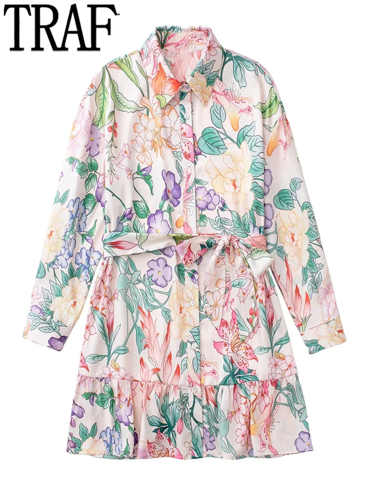 

TRAF Floral Shirt Dress Woman Ruffle Mini Dress 2022 Tied Belt Long Sleeve Short Dresses For Women Button Up Summer Dresses
