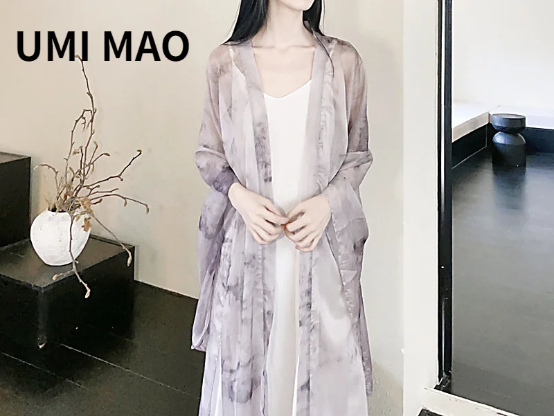 

UMI MAOChinese Style Coats Homemade Zen Heavenly Silk Wrinkle Ink Dyed Printed Split Outerwear Sunscreen Coat Femme