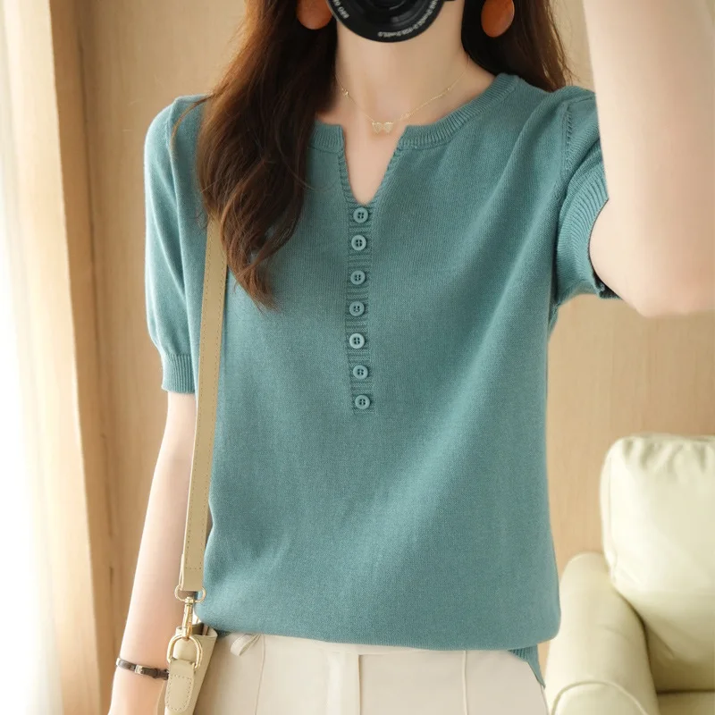 

2022 Summer Niche Cotton Linen V-neck Half-sleeved T-shirt Women Loose Solid Color Short-sleeved Button-up Top Pullover Sweater