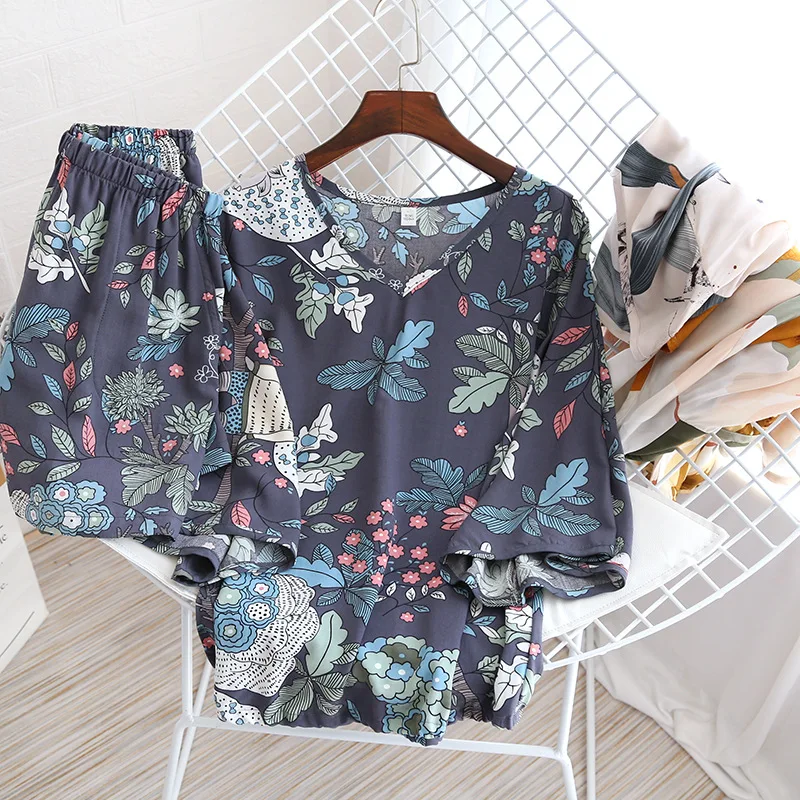 Summer Women's Home Clothes Seven Point Sleeve Sleep Tops with Shorts Two-piece Suit for Home Female Sleepwear Pijamas  Pijamas
