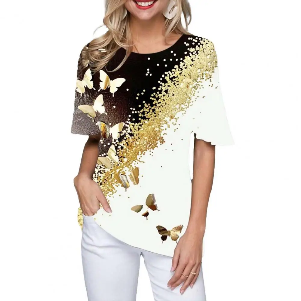 

Women Top Digital Printing Shiny Rhinestone Round Neck Contrast Color Loose Fit Decorate Breathable 3D Print Short Sleeve Tee Sh