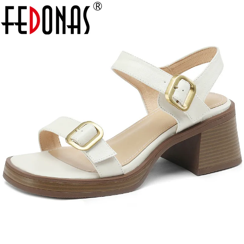 

FEDONAS Mature Office Ladies Casual Women Sandals Genuine Leather Thick Heels Pumps Fashion Concise Buckle Shoes Woman Summer