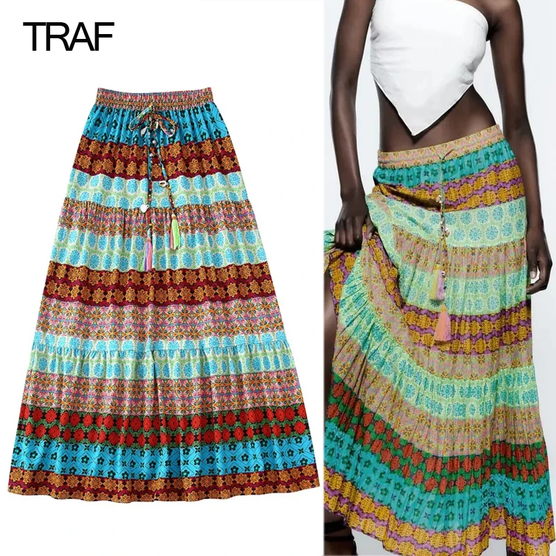 

TRAF Women's Blue Printed Skirt Beach High-Waisted Ruffle Long Skirts For Women Fashion 2022 Summer Women's Chic Elegant Skirts