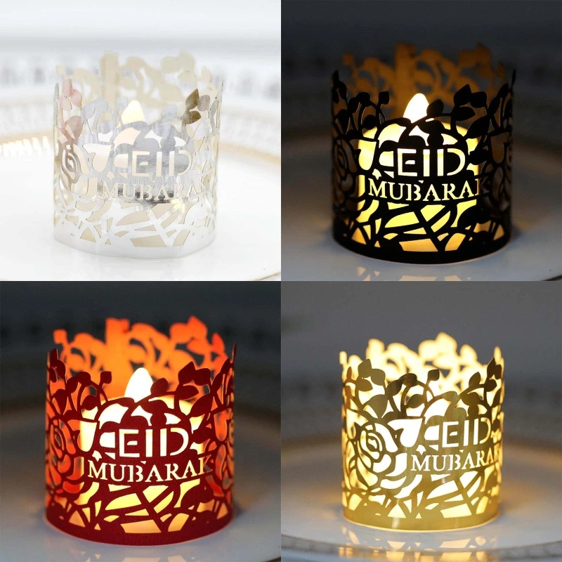 

50pcs Hollow Electronic Candle Lampshade Flameless Tea Light Votive Wraps Rose Eid Mubarak Decorative Ramadan Lamp Shade Muslim