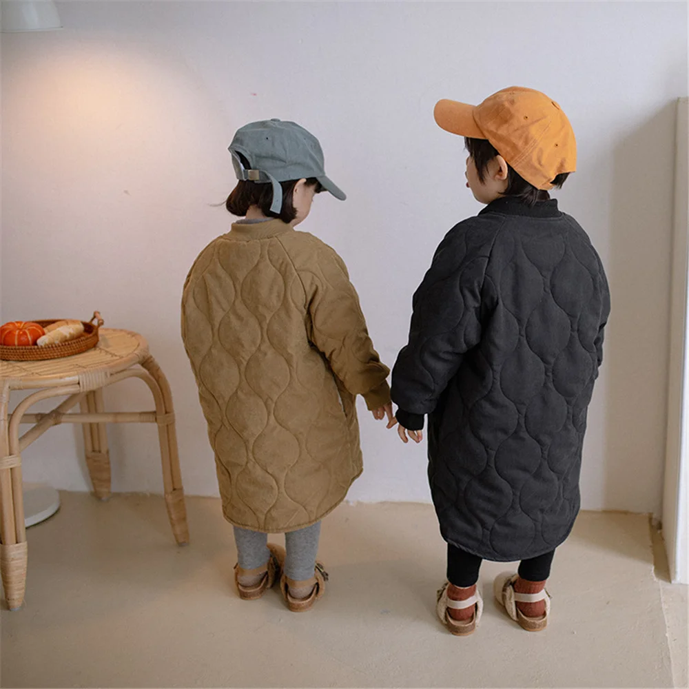 

2022 New Winter Children Fashion Casual Mid-length Quilted Coats Boys and Girls Thick Warm Long Trench Outerwear