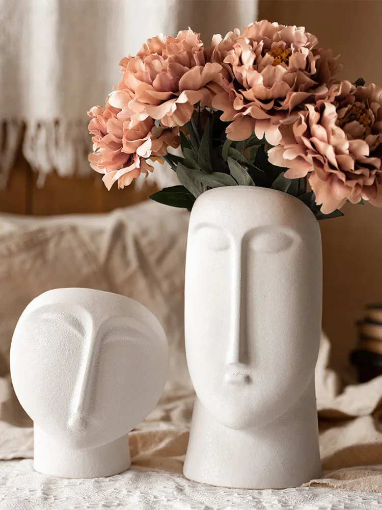 

European Style White Ceramic Countertop Vase Abstract Human Face Head Vase Flower Arrangement Plant Flower Pot Home Decoration