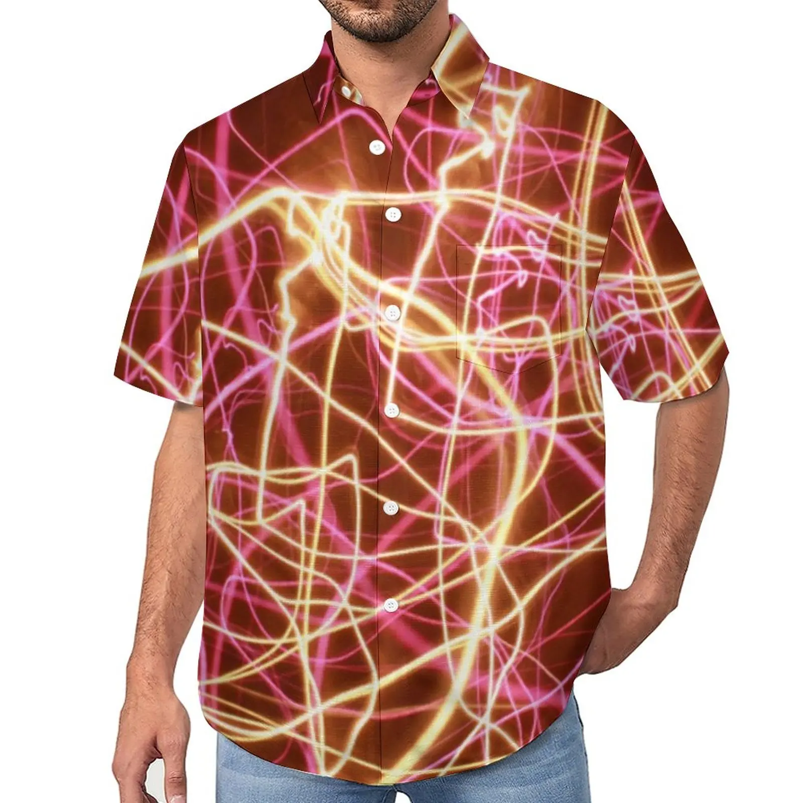 

Fluorescent Lines Casual Shirt Abstract Print Vacation Loose Shirt Hawaiian Harajuku Blouses Short Sleeve Custom Oversized Tops