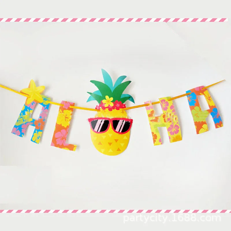 Hawaiian Pineapple Banner Summer Aloha Fruit Theme Garlands Hawaii Flower Wreath Banner Happy Tropical Beach Party Decor