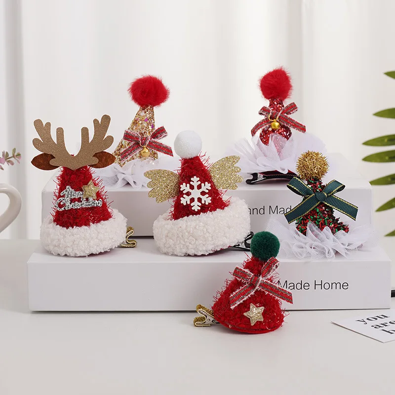 Christmas Velvet Hairpin Sequined Gauze Skirt Elk Snowman Hair Accessories Cute Cap Decoration Hairpin Holiday Gift Wholesale
