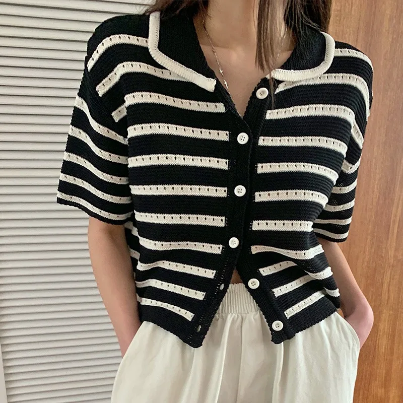 

Свитер, топы, полосатый вязаный корейский летний модный Повседневный Кардиган с рукавами, Женская шикарная трикотажная одежда, короткая однобортная одежда 2022