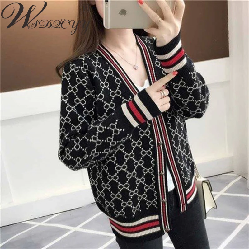 

Women Print Knitted Cardigans Coat Vintage Long Sleeve Sweater Top Big Size Single Breasted Sweater Cardigans Jacket Fall Winter