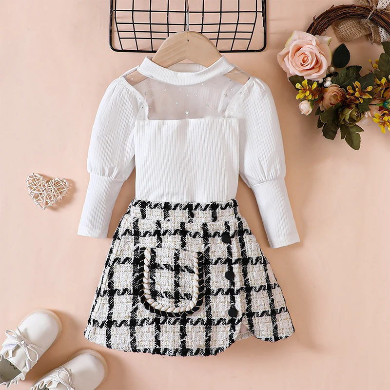 

Комплект из 2 предметов для маленьких девочек, рубашка с длинным рукавом в стиле пэчворк и эластичная клетчатая трапециевидная юбка, осенняя одежда для малышей