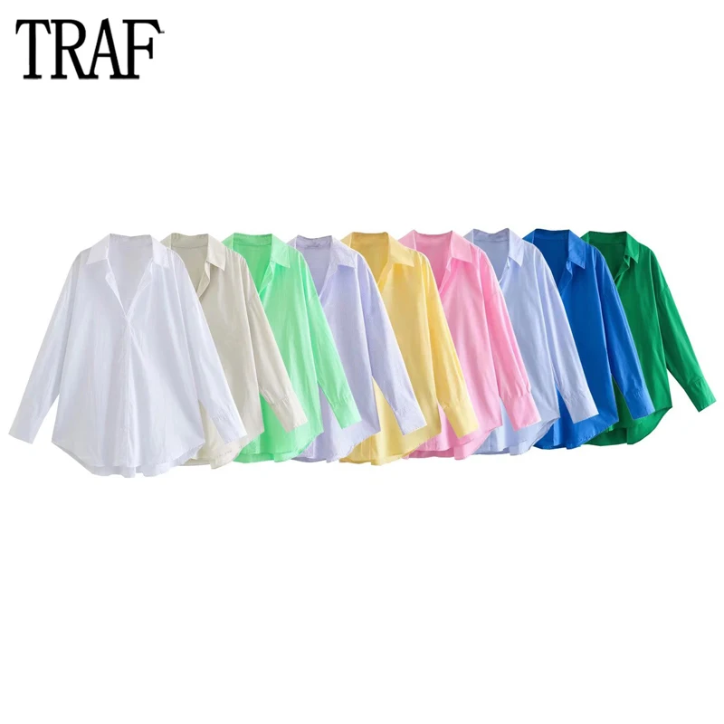 

TRAF 16 Colors Women Shirts Oversize Button Up Shirt Woman Long Sleeve Loose Top Female Summer Collared Shirts for Women 2023