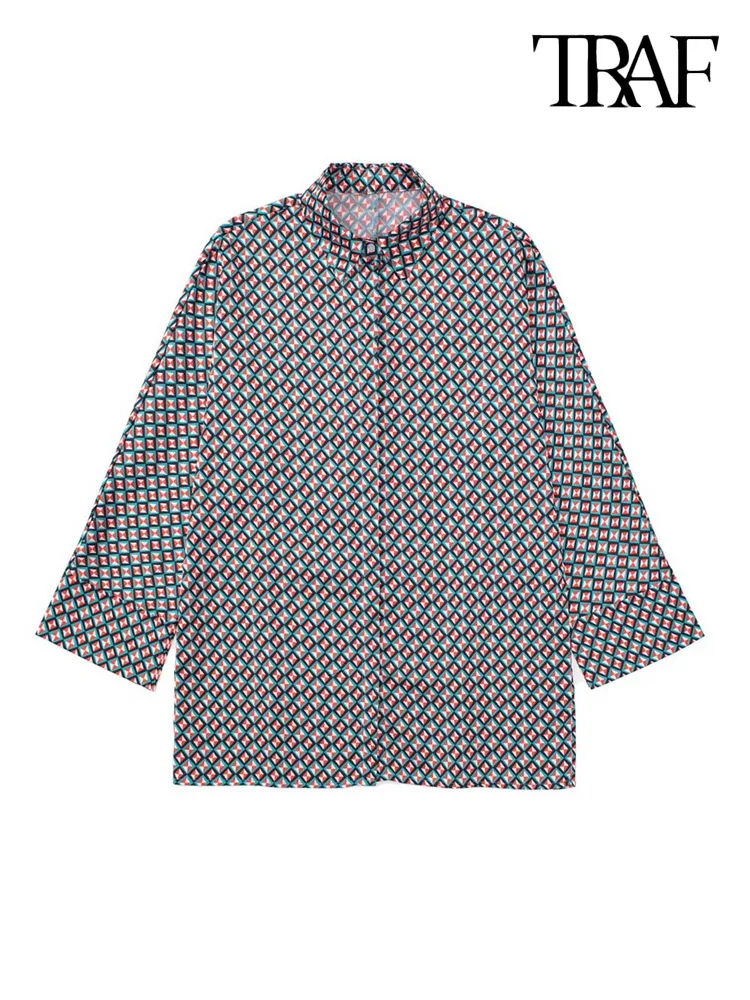 

Женская свободная рубашка с геометрическим принтом, рукавом три четверти и пуговицами