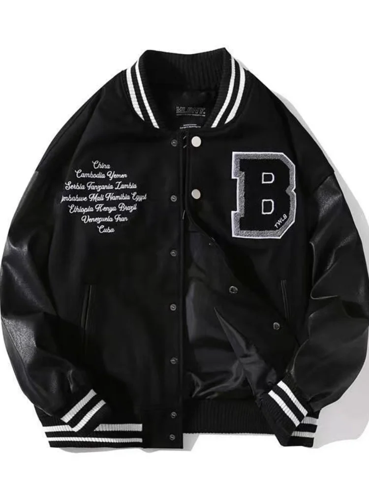 

Stitching Leather Sleeve Jacket Alphabet Trendy Brand Baseball Uniform Men's Korean Style Casual Loose Jacket Couple Style 2023