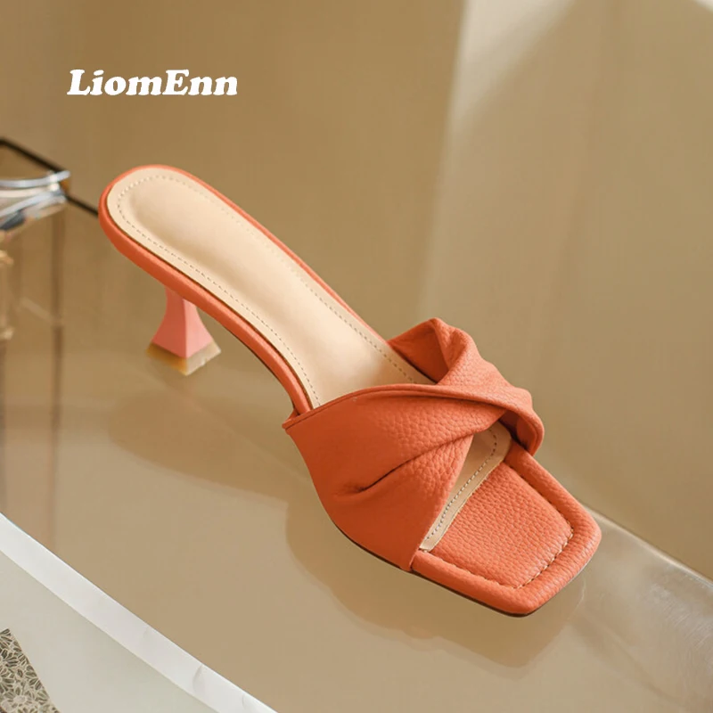 Pleated Heel Slippers For Women 2023 Trend Summer Outdoor Casual Square Toe Women Sandals Green Orange Sexy Elegant Party Shoes