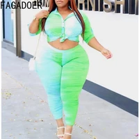 fagadoer fashion fluorescent green gradient two piece women turn down collar button shirt top pants tracksuits plus size l 5xl