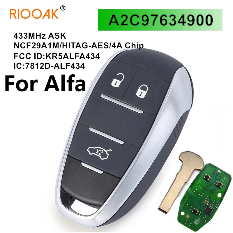 

KR5ALFA434 A2C97634900 ALFA434 For Alfa Romeo Giulia Stelvio 433MHz Keyless Remote Smart Key Fob 2015 2016 2017 2018 2019 2020