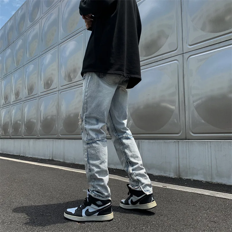 Ripped Jeans Men's Straight Pants Frayed Denim Trousers Scratch Skinny Jeans Men Washed Hip Hop Jeans Punk Clothes Streetwear