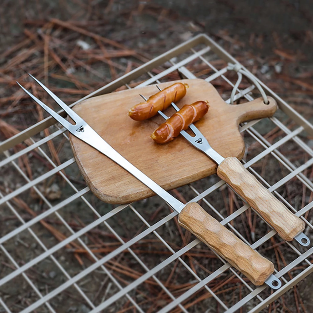 

BBQ Grill Fork Stick Stainless Steel Barbecue Fork Wooden Handle High Temperature Resistance Camping Campfire Accessories