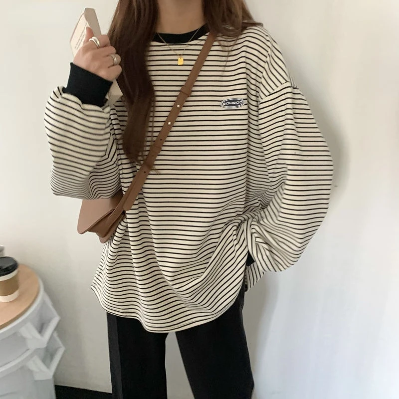 

Popular Women T-shirts Striped Retro Comfort Slouchy Long Sleeve Tees Students Boyfriend Couple Trendy Females Tops Ulzzang Hot