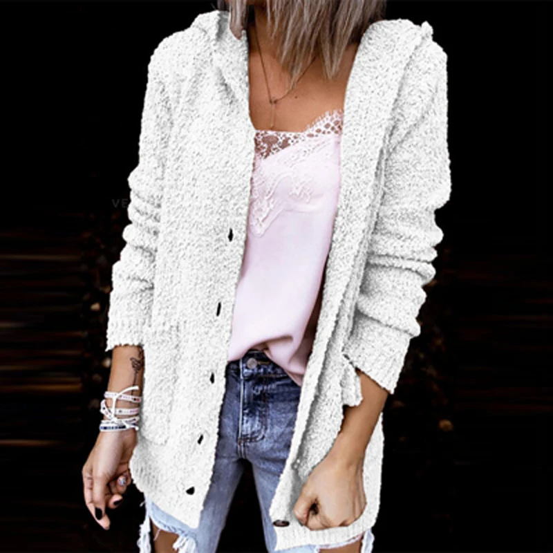 

Элегантные однотонные флисовые кардиганы для женщин на осень и зиму, повседневный свободный свитер с длинным рукавом и пуговицами, пальто, ...