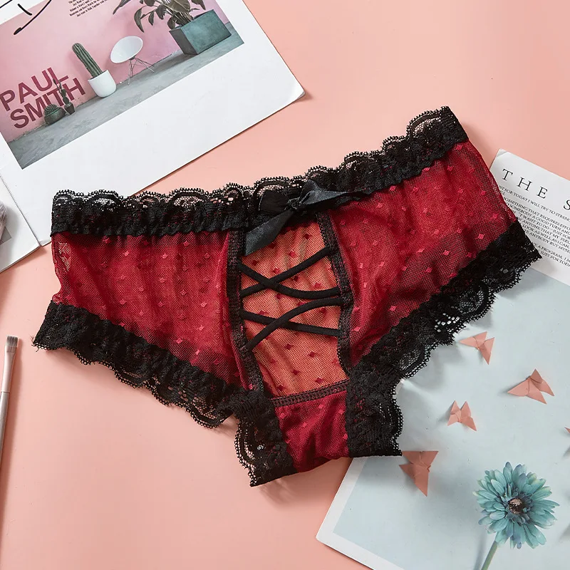 

Solid Color Heart Shaped Hollow Lace Panties Ladies Cross Straps Mesh Translucent Ladies Sexy New Pink Lolita Bow Underwear