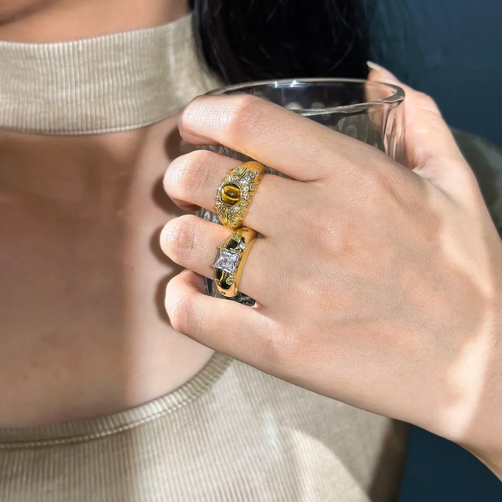 Модное медное ретро кольцо с камнем тигрового глаза регулируемое отверстие