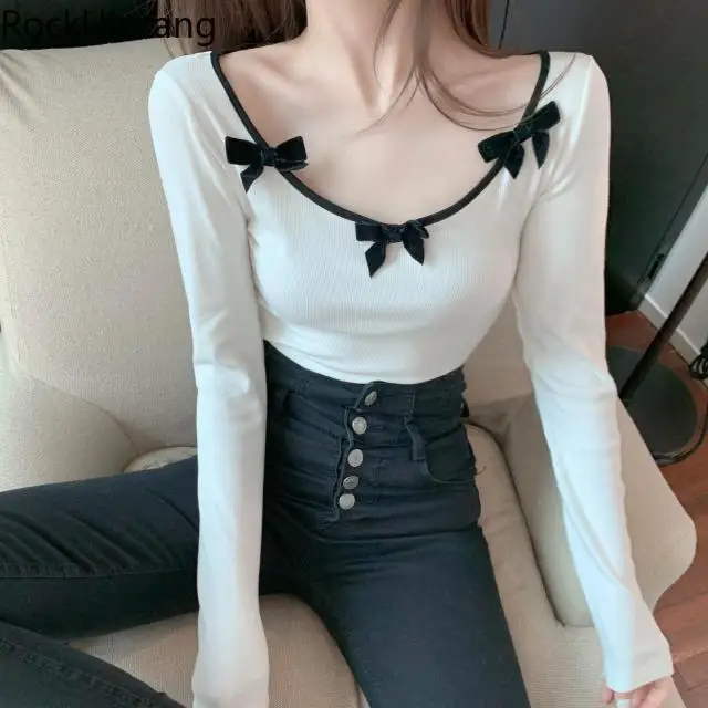 

Милая Однотонная футболка с бантом и длинным рукавом, милый топ, женская модная эстетичная корейская ткань, осенняя облегающая футболка, укороченная футболка y2k