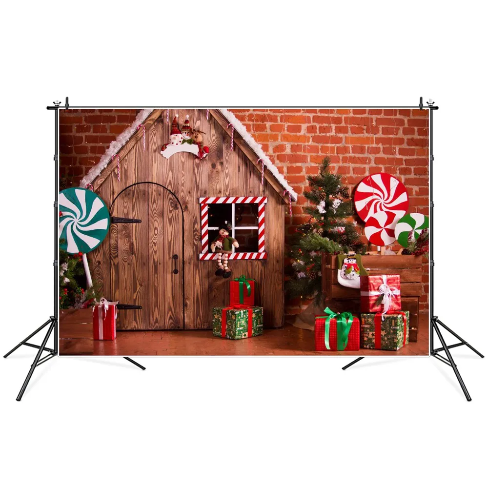 

Christmas Tree Wooden Cabin Lollipops Gifts Scene Photography Backgrounds Custom Baby Party Decoration Photo Booth Backdrops