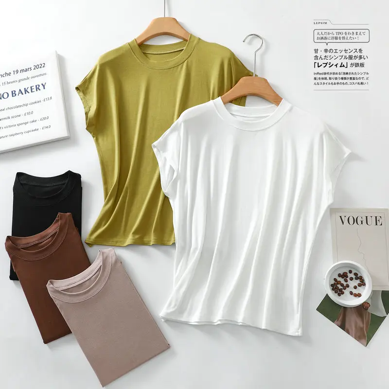 

Modal Thread Bat Short Sleeved Cool Soft and Comfortable T-shirt Women's Versatile Summer Loose Thin Bottomed Tshirt Women
