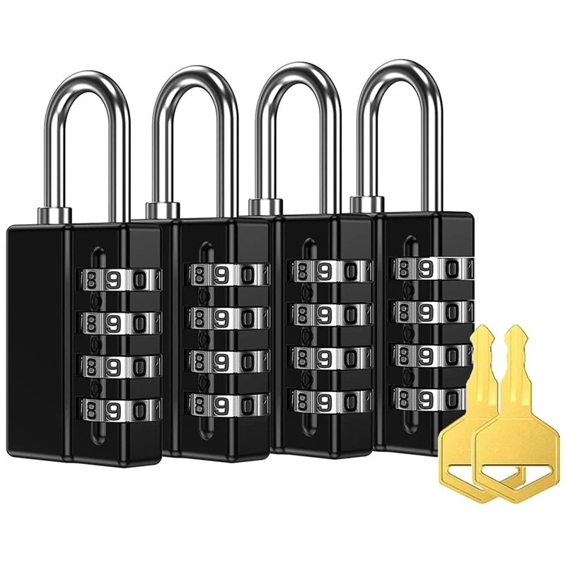 

Hot-Combination Padlock, 4 Digit Combination Lock With Keys, Resettable Waterproof Gate Lock For Locker, Gym 4 Pack, 2 Keys