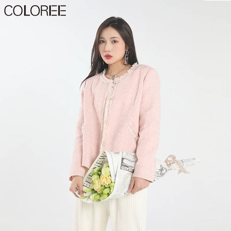 

Женская твидовая куртка с круглым вырезом, Элегантная короткая шерстяная куртка розового цвета, весна 2022