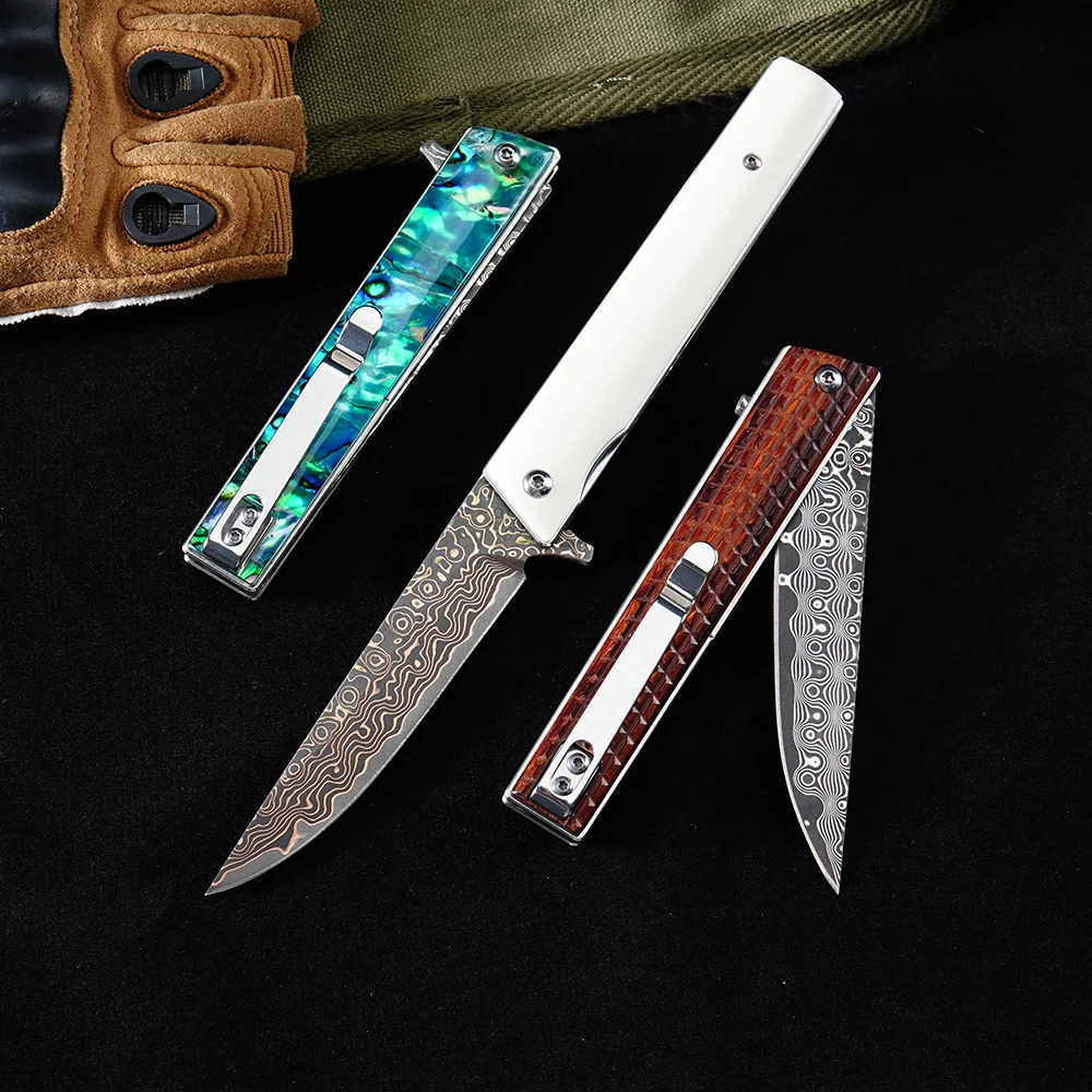 Фото Складной карманный нож BS306-1 с клинком из дамасской стали VG10, рукоять из бычьей кости/дерева/зеленого перламутра, 3 варианта дизайна, EDC-инструмент, нож для кемпинга №3