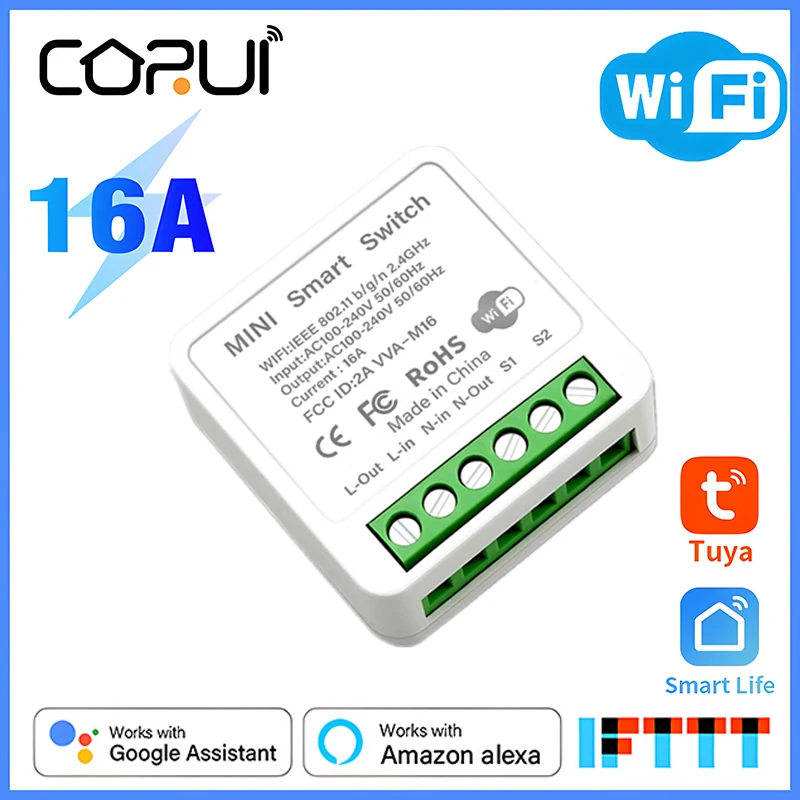 

Умный Wi-Fi-переключатель CoRui 16 А с таймером, двухсторонний беспроводной переключатель для автоматизации умного дома, работает с Alexa Google Home