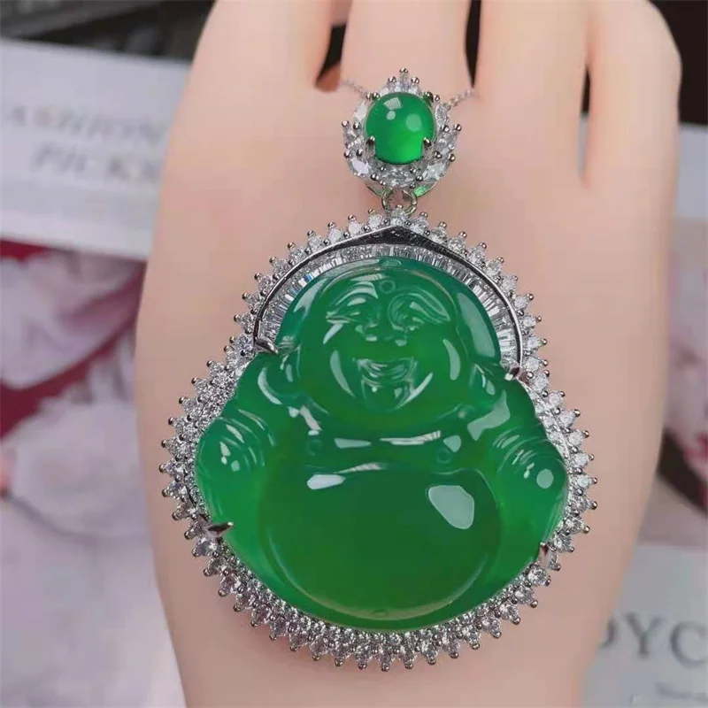 

Mai Chuang/Hand Carved/Jade Inlaid Green Chalcedony Buddha Emerald Necklace Pendant Fashion Elegant Jewelry MenWomen Couple Gift