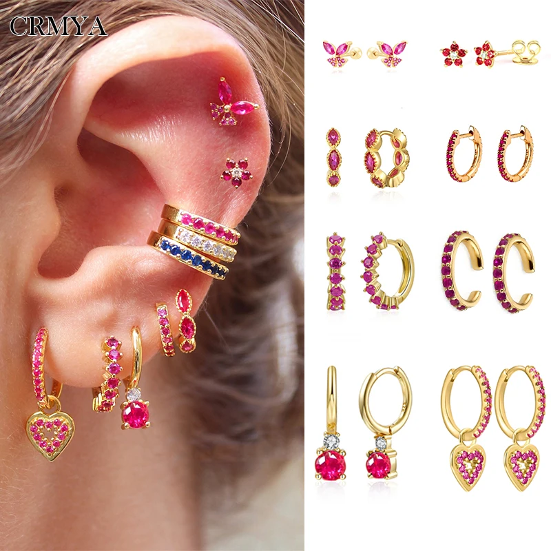 Купи CRMYA Gold Filled Hoop Drop Stud Earrings for Women Piercing Red CZ Zircon Heart Dangle Earrings Set 2022 Jewelry Wholesale за 148 рублей в магазине AliExpress