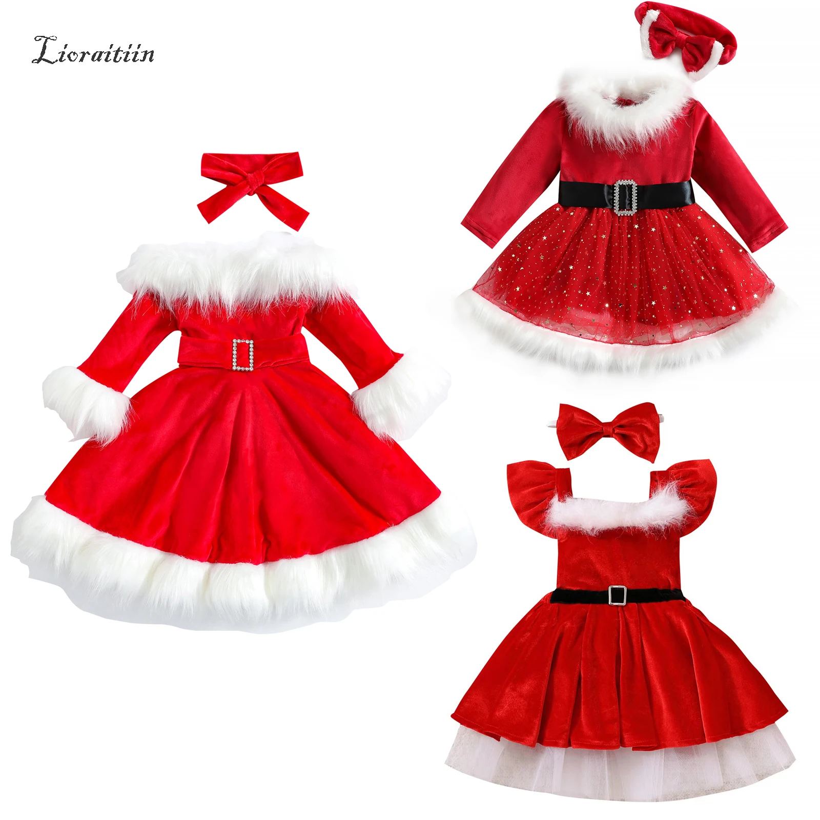 

2022-08-04 Lioraitiin 0-7Years Toddler Kid Baby Girl Christmas Faux Fur Patchwork Long Sleeve Off Shoulder A-Line Dress Belt