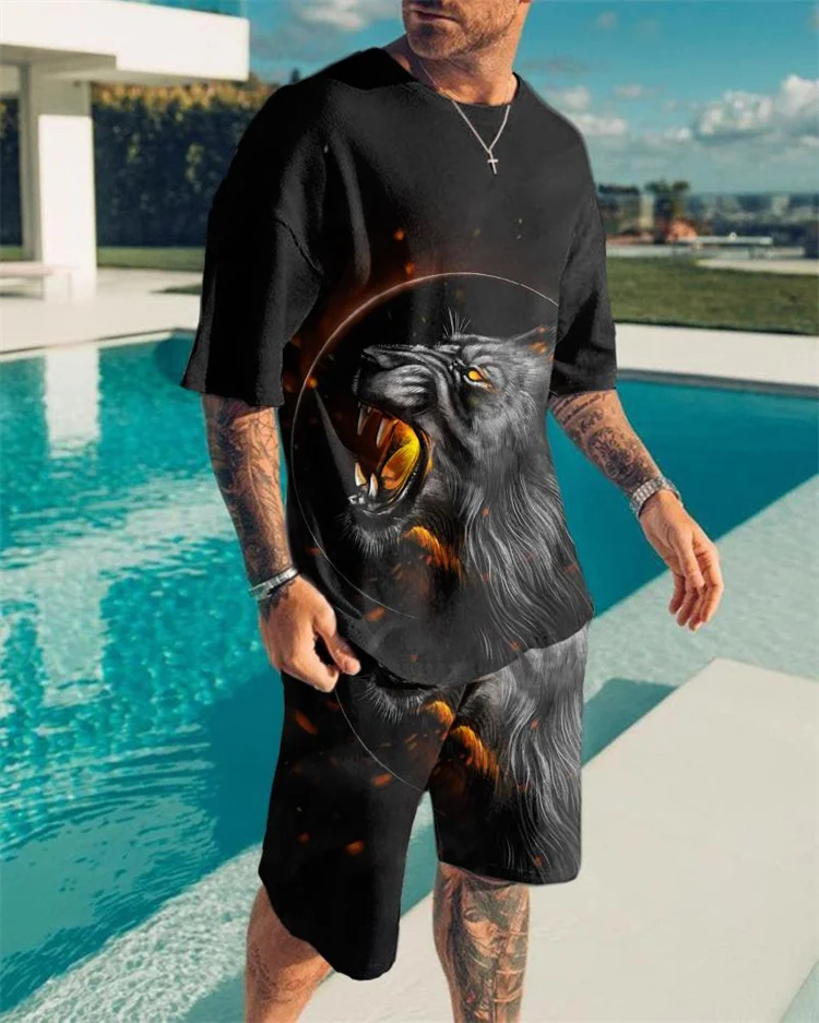 Summer Men's Tracksuit Ferocious Lion Printed T-Shirt Shorts Set Fashion Suit O-Neck Outfits Casual Male Clothing Streetwear