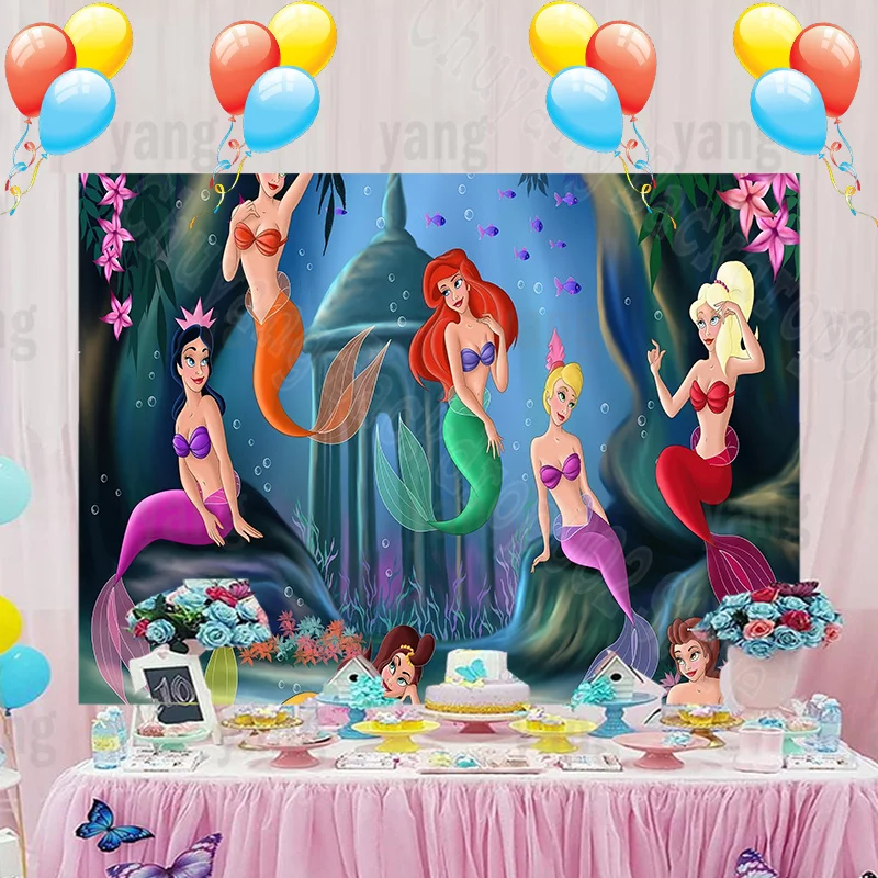 Disney Princess Backdrop The Little Mermaid Ariel Baby Birthday Party Decoration Deep Sea Castles Photography Backgrounds Banner enlarge