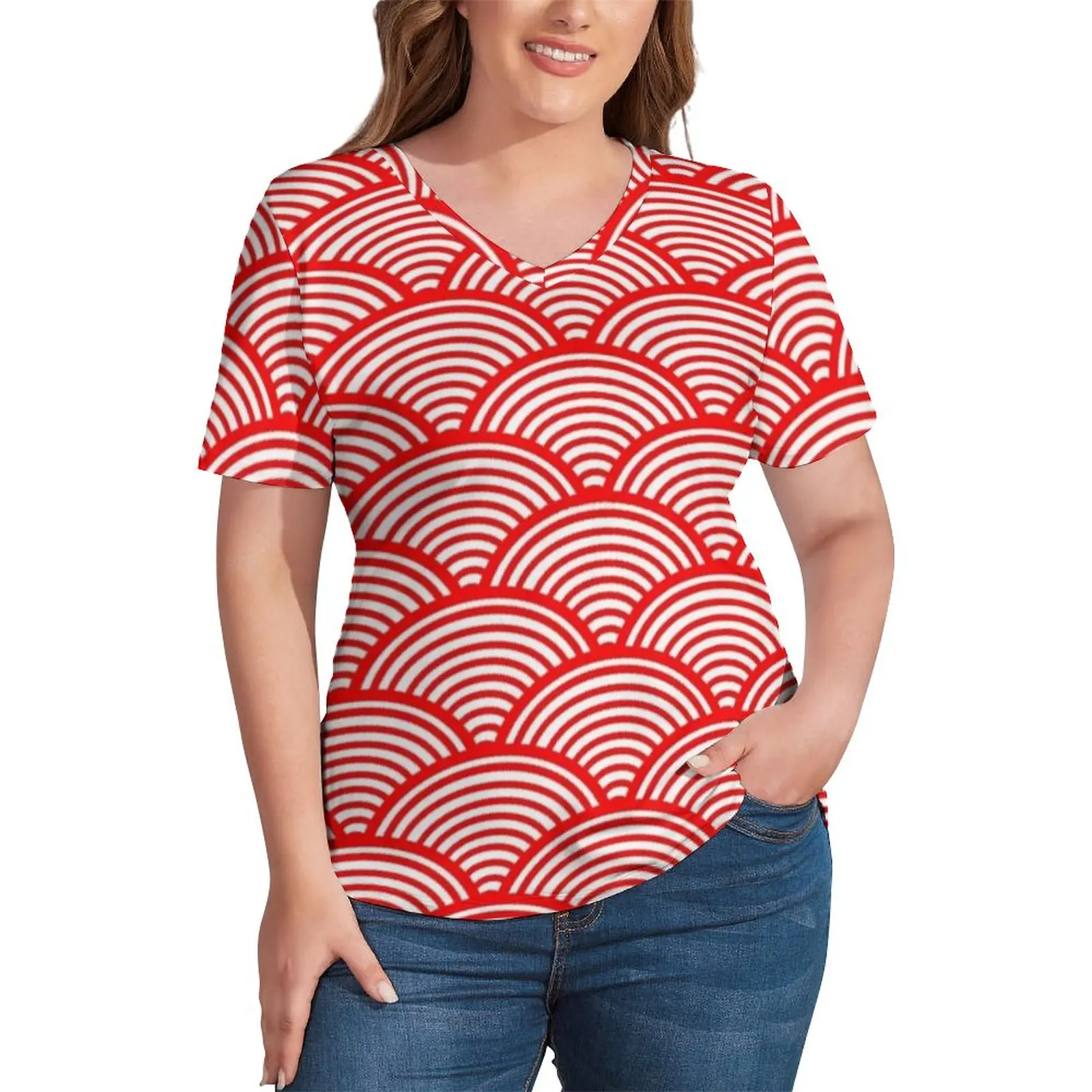 

Red Seigaiha T-Shirts Japanese Waves Basic V Neck T-Shirt Short Sleeve Cute Plus Size Tee Shirt Sexy Print Clothes Birthday Gift