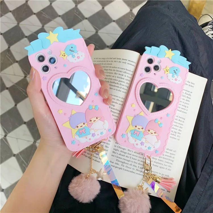 

little twin star with keychain with vanity mirror Phone Cases For iPhone 12 11 Pro Max Mini XR XS MAX 8 X 7 SE 2020 Back Cover