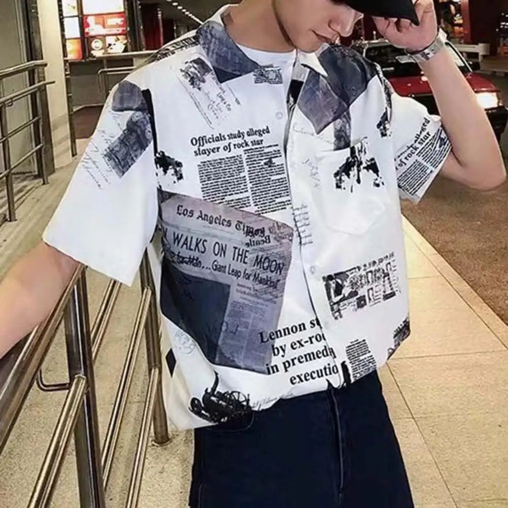 

Fashion Print Single Breasted Men Shirt Summer Japan Style Turndown Collar Shirt Handsome Patchwork Button-Down Shirt For Work