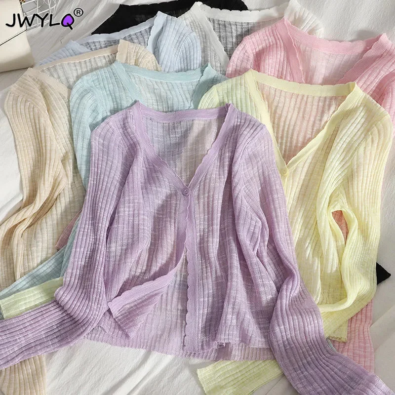 

Casual Candy Color Thin Cardigan Women Summer V-neck Long Sleeve Sheer Top Cardigan Korean Fashion Sweater Woman 90s Clothes New