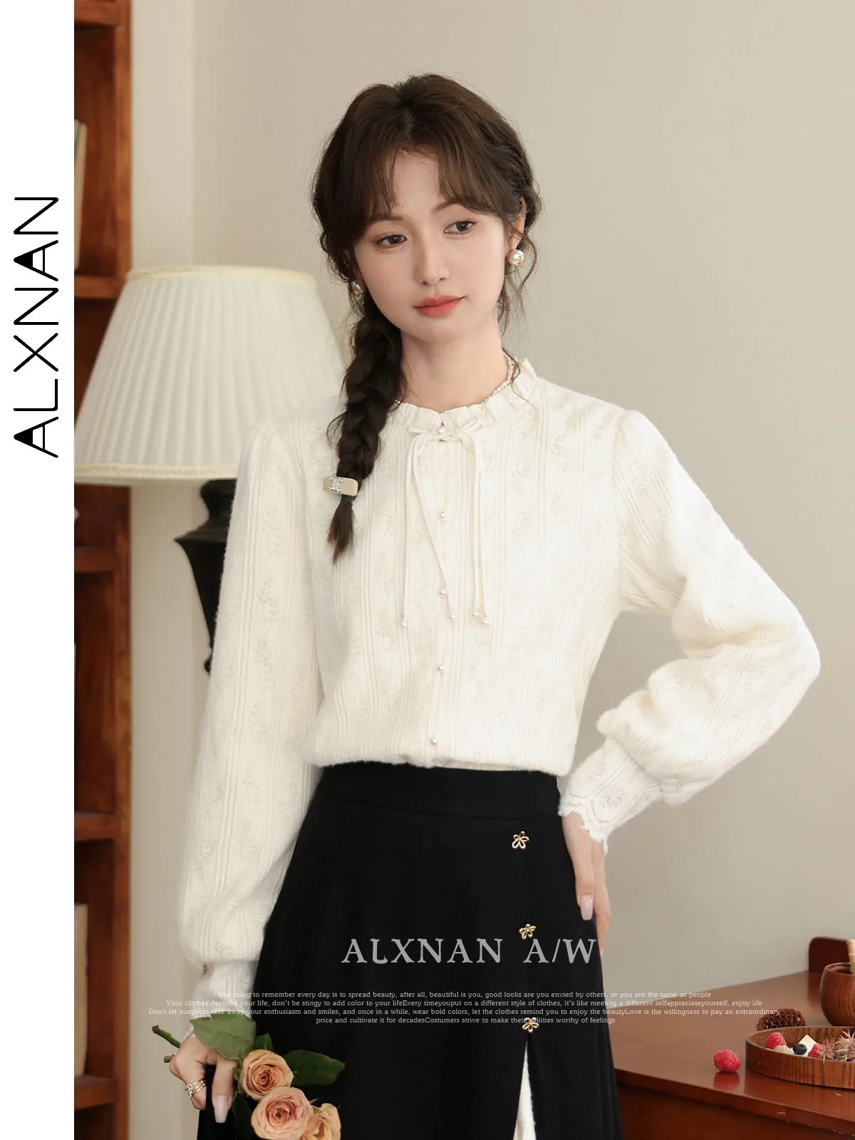 ALXNAN женская рубашка в неокитайском стиле осенняя повседневная с рюшами и